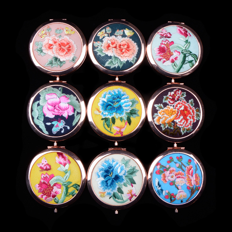 陆川化妆随身镜精品出国送礼刺绣中国风古风摄影 手绣镜子